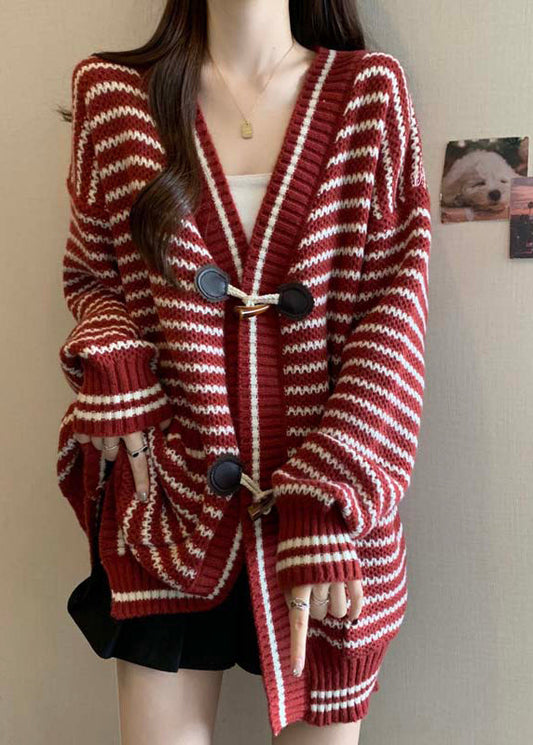 Handmade Red V Neck Striped Knit Cardigan Winter RG036 ABC
