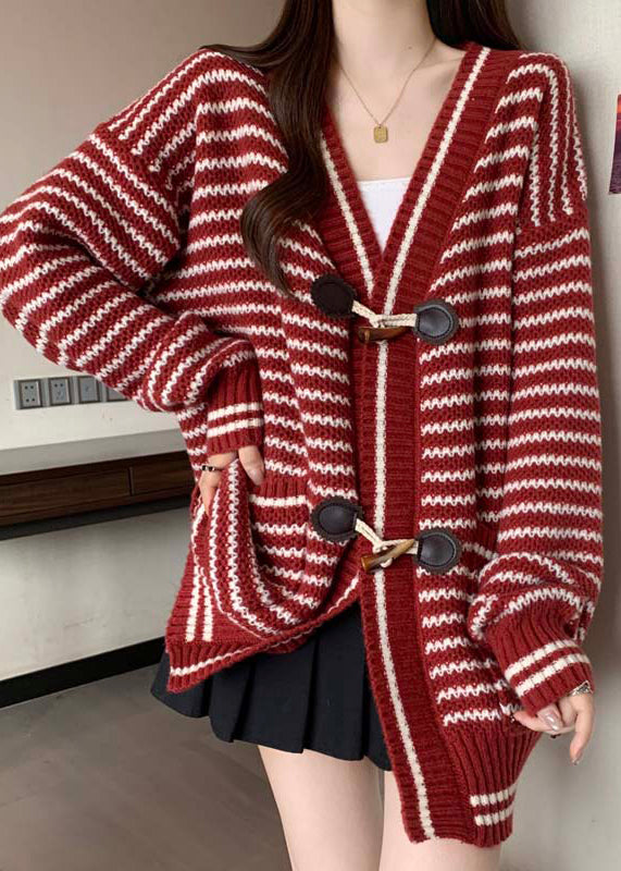 Handmade Red V Neck Striped Knit Cardigan Winter RG036 ABC