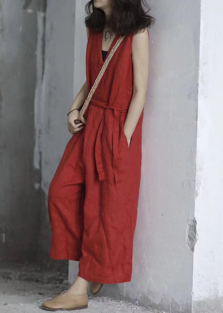 Handmade Red V Neck Tie Waist Linen Jumpsuit Sleeveless QK020 BB-JPTS241022