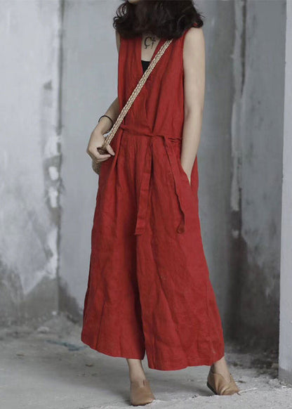 Handmade Red V Neck Tie Waist Linen Jumpsuit Sleeveless QK020 BB-JPTS241022