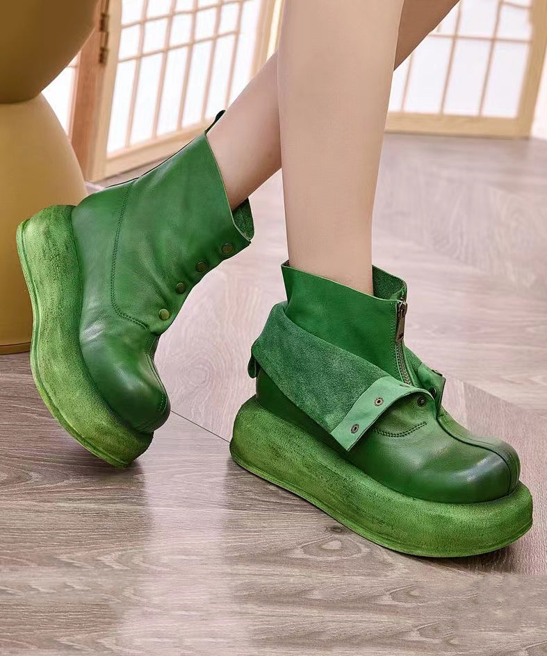 Handmade Retro Green Cowhide Leather Splicing Platform Boots OM004 ABC