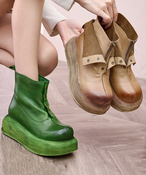 Handmade Retro Green Cowhide Leather Splicing Platform Boots OM004 ABC