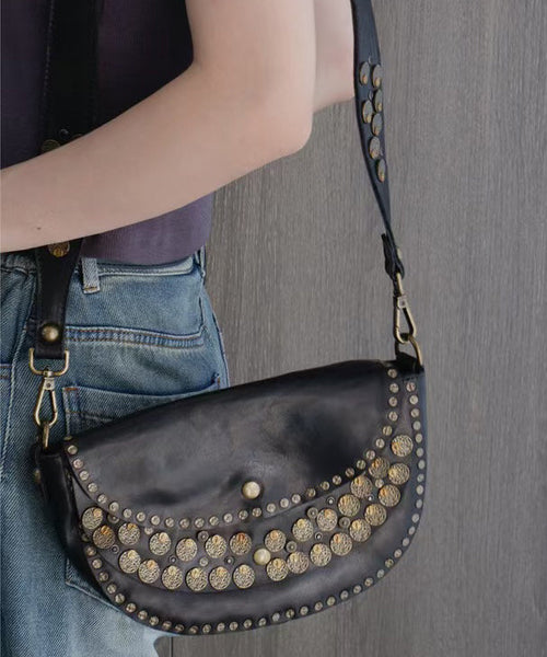 Rivet Solid Saddle Bag Durable Handmade Leather FashionChic