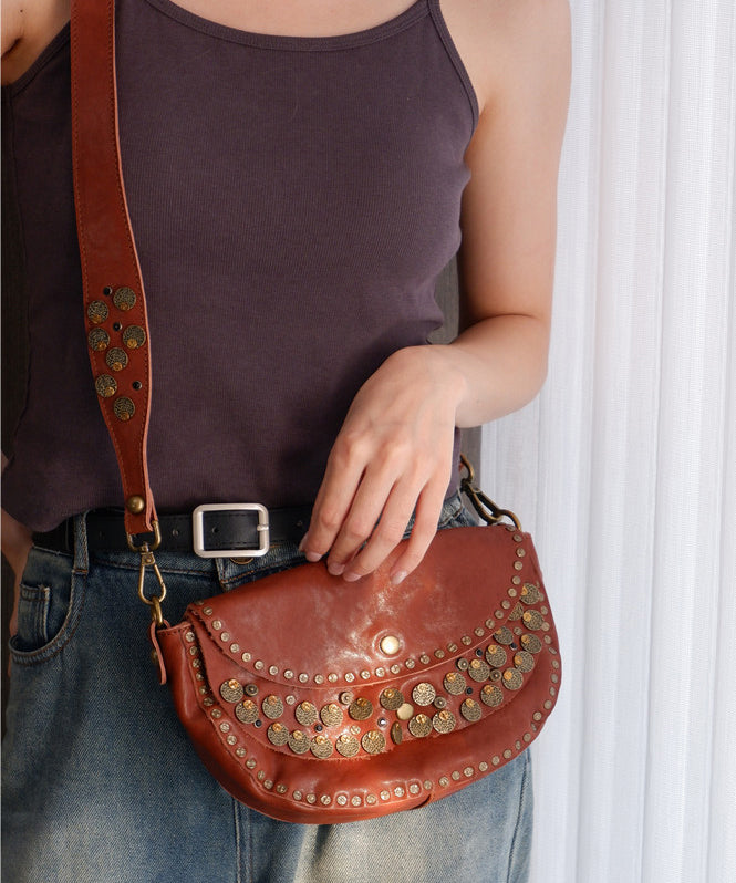 Rivet Solid Saddle Bag Durable Handmade Leather FashionChic