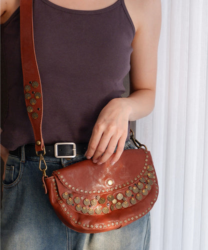 Rivet Solid Saddle Bag Durable Handmade Leather FashionChic