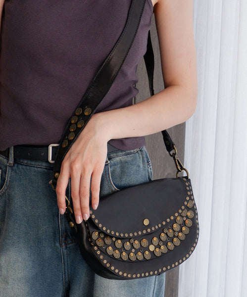Rivet Solid Saddle Bag Durable Handmade Leather FashionChic