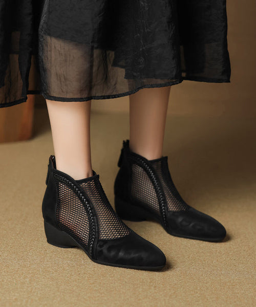 Black Breathable Handmade Chunky Splicing Boots Mesh FashionChic