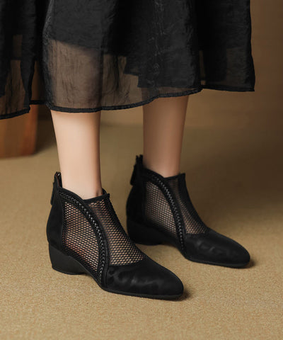 Black Breathable Handmade Chunky Splicing Boots Mesh FashionChic