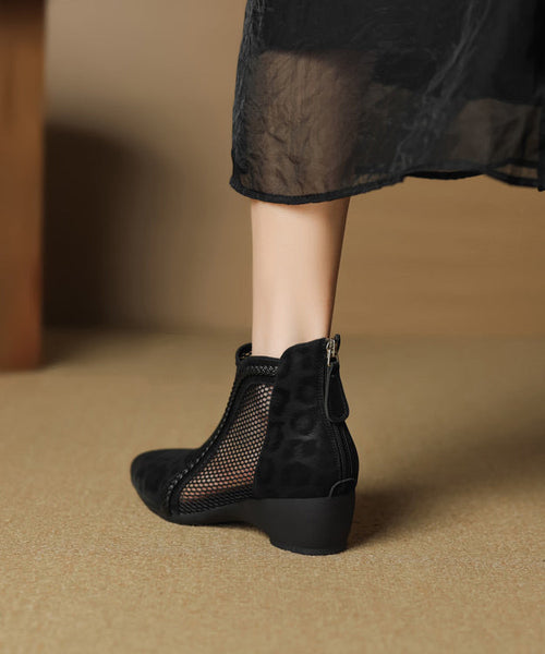 Black Breathable Handmade Chunky Splicing Boots Mesh FashionChic