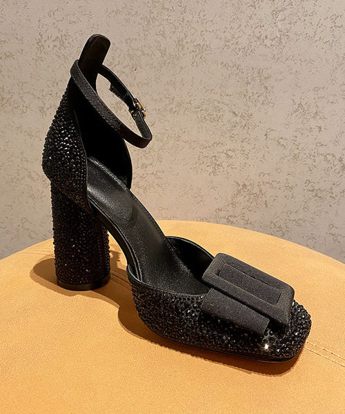 Heel Handmade Sandals Black Strap Chunky Buckle Zircon Splicing FashionChic