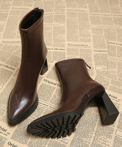 Handmade Cowhide Chunky Boots Leather Brown Splicing Heels FashionChic