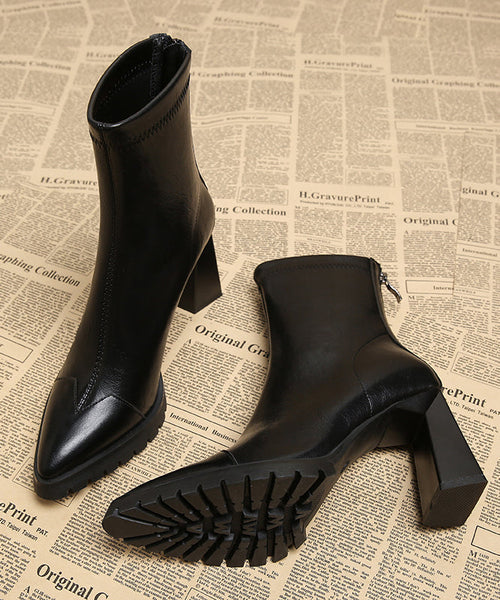 Handmade Cowhide Chunky Boots Leather Brown Splicing Heels FashionChic