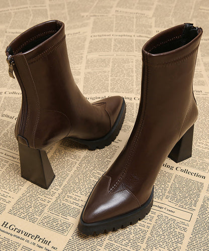 Handmade Cowhide Chunky Boots Leather Brown Splicing Heels FashionChic