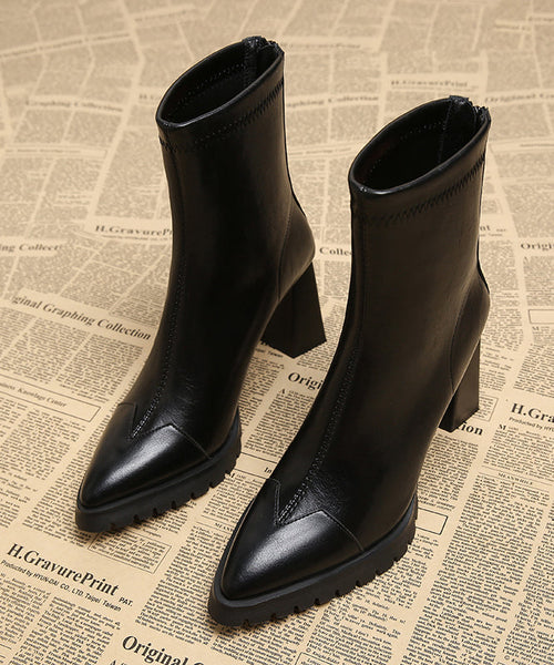 Handmade Cowhide Chunky Boots Leather Brown Splicing Heels FashionChic