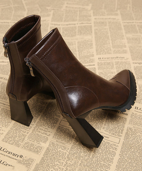 Handmade Cowhide Chunky Boots Leather Brown Splicing Heels FashionChic