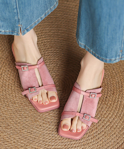 Pink Sandals Handmade Suede Slide Splicing Chunky FashionChic