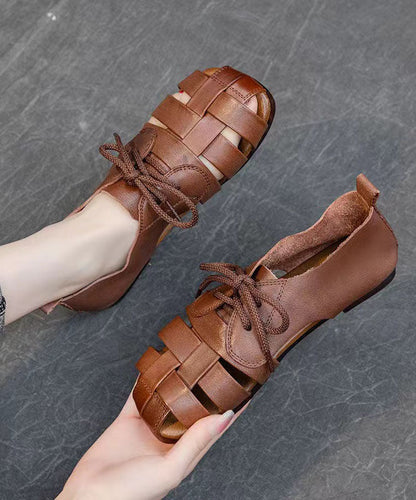 Handmade Splicing Flat Sandals Brown Cowhide Leather Hollow Out DD1030 Shoe-LX240605