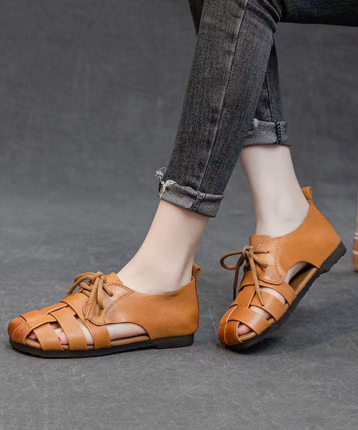 Handmade Splicing Flat Sandals Brown Cowhide Leather Hollow Out DD1030 Shoe-LX240605