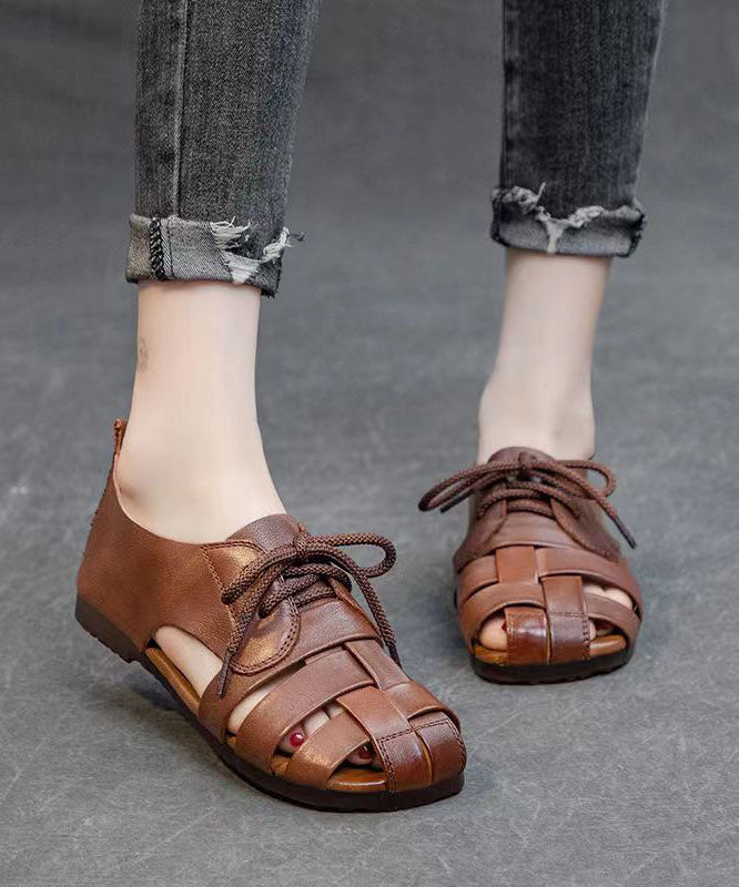 Handmade Splicing Flat Sandals Brown Cowhide Leather Hollow Out DD1030 Shoe-LX240605