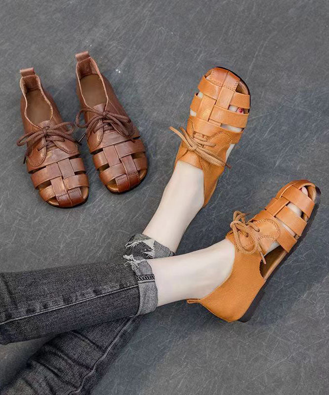 Handmade Splicing Flat Sandals Brown Cowhide Leather Hollow Out DD1030 Shoe-LX240605