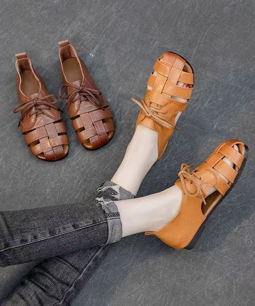 Handmade Splicing Flat Sandals Brown Cowhide Leather Hollow Out DD1030 Shoe-LX240605