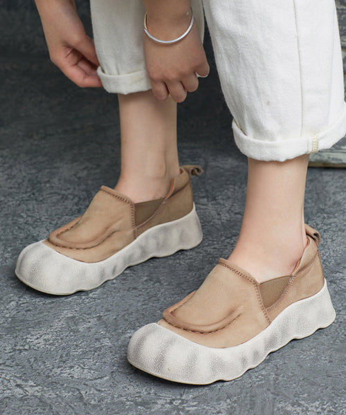 Platform Shoes Handmade Flat Feet Cowhide Splicing Leather Green FashionChic