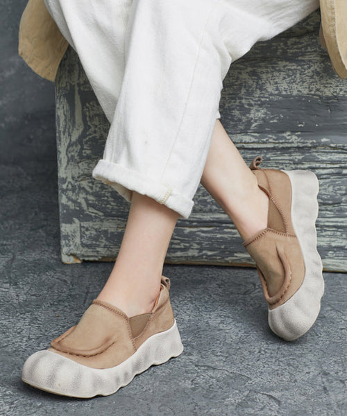 Platform Shoes Handmade Flat Feet Cowhide Splicing Leather Green FashionChic