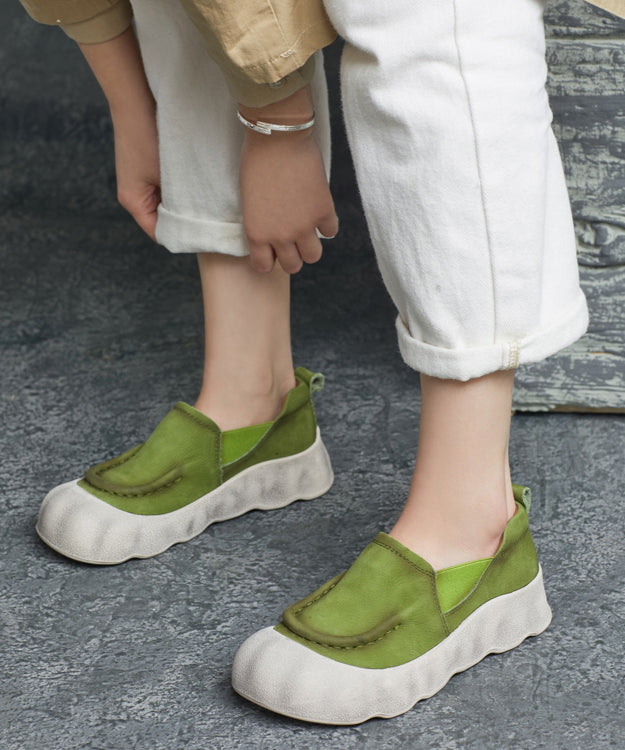 Platform Shoes Handmade Flat Feet Cowhide Splicing Leather Green FashionChic