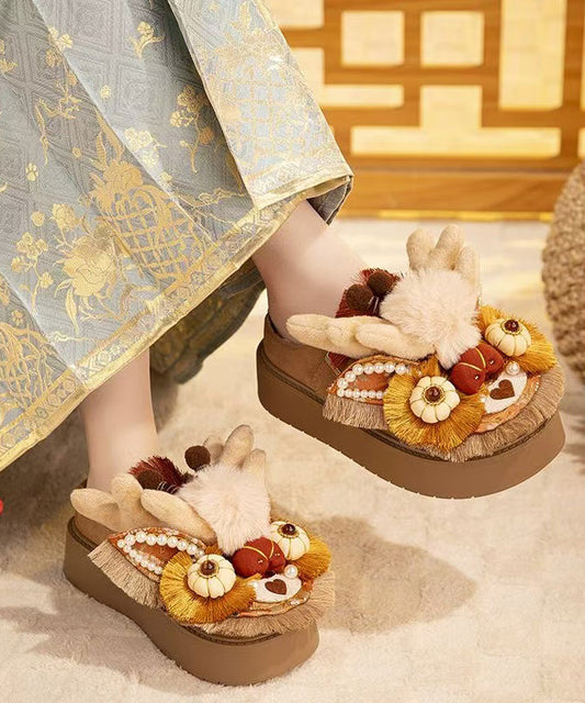 Handmade Splicing Platform Slippers Shoes Brown Fuzzy Wool Lined TQ050 ABC