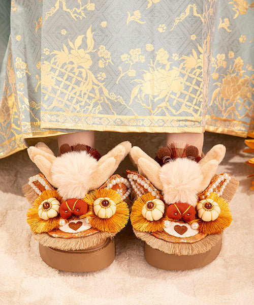 Handmade Splicing Platform Slippers Shoes Brown Fuzzy Wool Lined TQ050 ABC