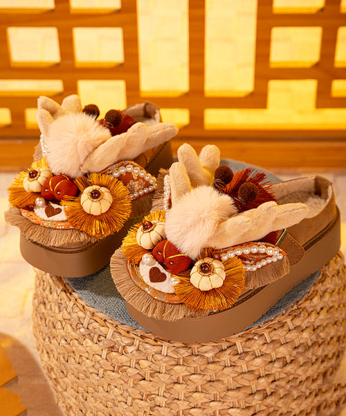 Handmade Splicing Platform Slippers Shoes Brown Fuzzy Wool Lined TQ050 ABC