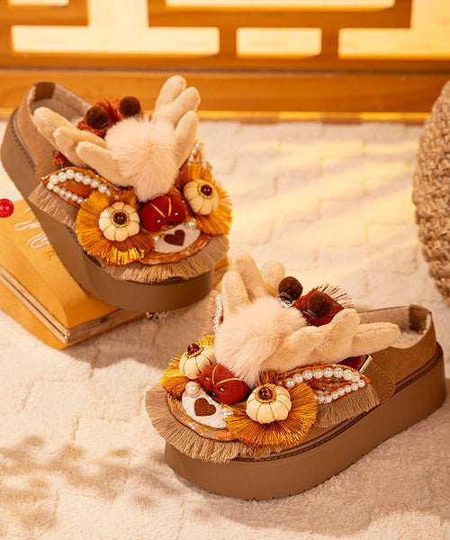 Handmade Splicing Platform Slippers Shoes Brown Fuzzy Wool Lined TQ050 ABC