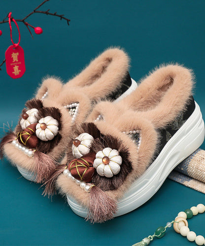 Handmade Splicing Tassel Nail Bead Platform Flat Shoes Coffee Fuzzy Wool Lined TQ039 ABC