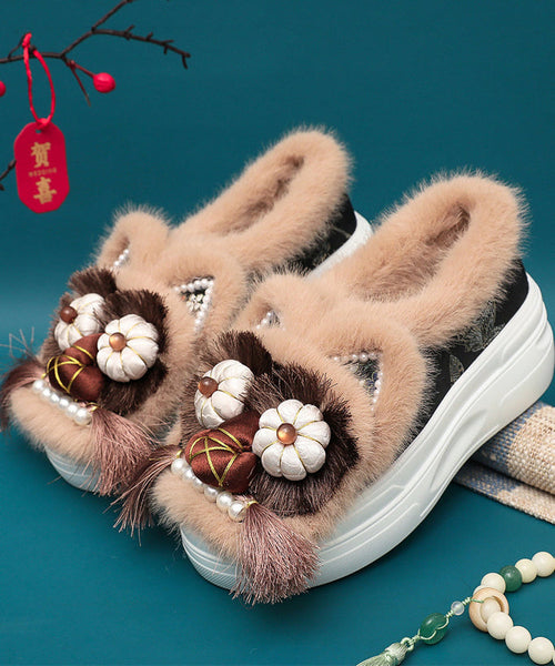 Handmade Splicing Tassel Nail Bead Platform Flat Shoes Coffee Fuzzy Wool Lined TQ039 ABC