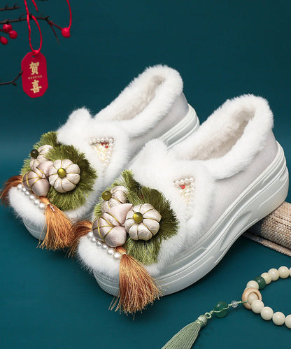 Handmade Splicing Tassel Nail Bead Platform Flat Shoes Coffee Fuzzy Wool Lined TQ039 ABC