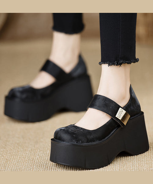 Handmade Vintage Buckle Strap Splicing Wedge High Heels Black Silk YC028 ABC