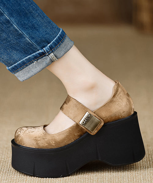 Handmade Vintage Buckle Strap Splicing Wedge High Heels Black Silk YC028 ABC