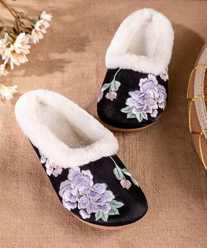 Handmade Vintage Fuzzy Wool Lined Slippers Shoes Black Satin Embroidery RX028 ABC