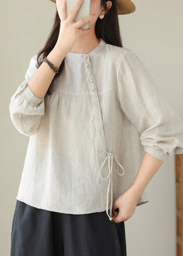 Handmade White Asymmetrical Lace Up Linen Shirts Spring TM023 ABC