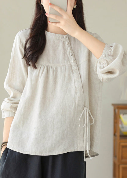 Handmade White Asymmetrical Lace Up Linen Shirts Spring TM023 ABC