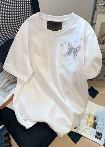 Handmade White Butterfly Embroideried Cotton Men Neutral T Shirt Summer LK063 Men-Silk-MENT240630