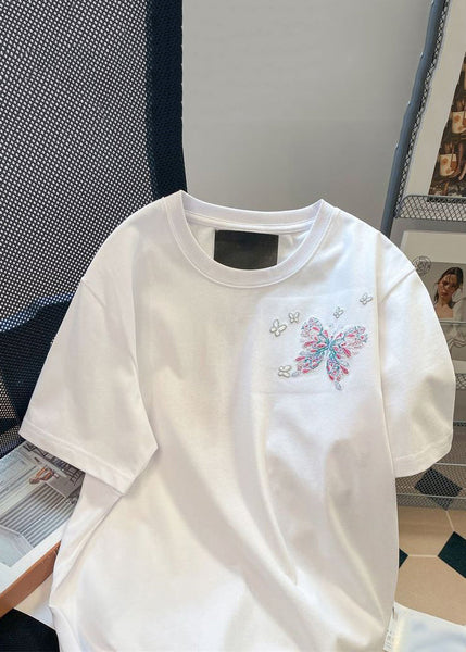 Handmade White Butterfly Embroideried Cotton Men Neutral T Shirt Summer LK063 Men-Silk-MENT240630