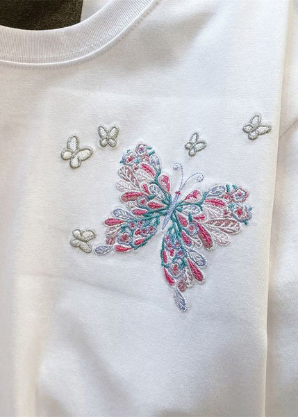 Handmade White Butterfly Embroideried Cotton Men Neutral T Shirt Summer LK063 Men-Silk-MENT240630