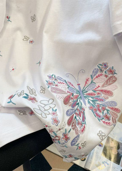 Handmade White Butterfly Embroideried Cotton Men Neutral T Shirt Summer LK063 Men-Silk-MENT240630