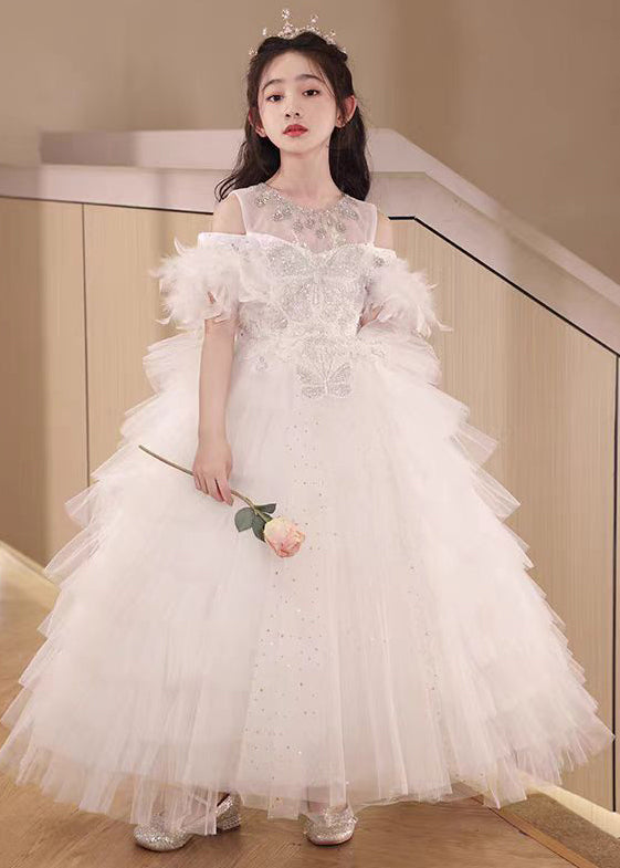 Handmade White Feather Zircon Tulle Kids Girls Princess Dress Summer TT040 WS-JRTZSDGL240817