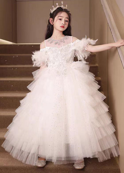 Handmade White Feather Zircon Tulle Kids Girls Princess Dress Summer TT040 WS-JRTZSDGL240817