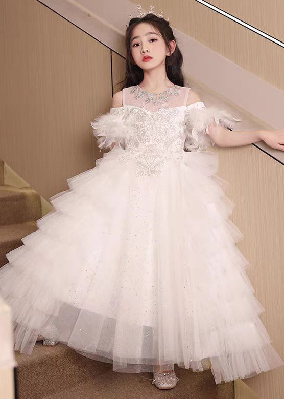 Handmade White Feather Zircon Tulle Kids Girls Princess Dress Summer TT040 WS-JRTZSDGL240817
