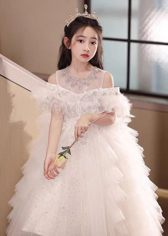 Handmade White Feather Zircon Tulle Kids Girls Princess Dress Summer TT040 WS-JRTZSDGL240817
