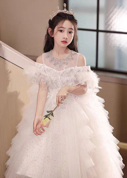 Handmade White Feather Zircon Tulle Kids Girls Princess Dress Summer TT040 WS-JRTZSDGL240817