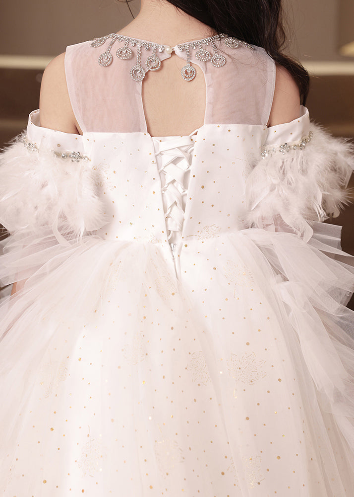 Handmade White Feather Zircon Tulle Kids Girls Princess Dress Summer TT040 WS-JRTZSDGL240817